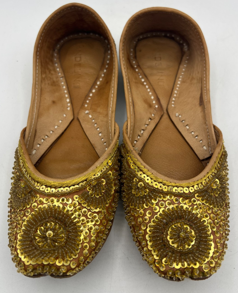 Indigo Womens Size 6 Gold Sequin Beaded Leather Jutti Mojari Indian Flats